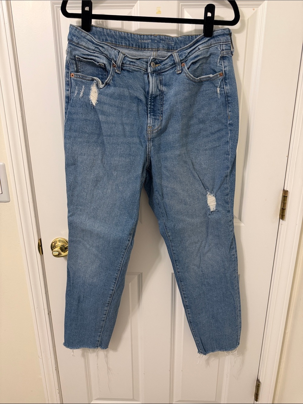 Old Navy Washed Blue High Rise OG Straight Jeans with Distressed Accents 14